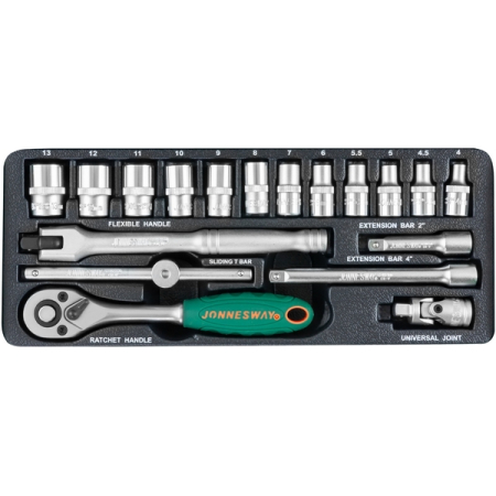 Набор головок торцевых 1/4"DR, 4-13 мм, 18 предметов, Jonnesway S04H2118S