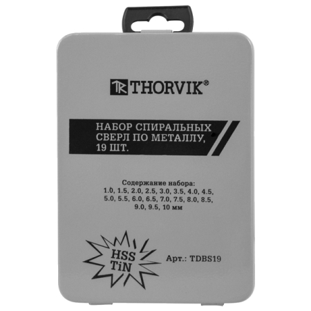 Набор спиральных сверл по металлу HSS TiN, 1.0-10.0 мм, в металлическом кейсе, 19 шт, THORVIK TDBS19