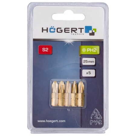 Биты PH2, S2 TiN, 25 мм, 5 шт, HOEGERT HT1S382 Биты PH2, S2 TiN, 25 мм, 5 шт, HOEGERT HT1S382