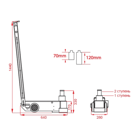 Домкрат пневмогидравлический двухступенчатый, 30/15 тонн, KRAFTWELL KRWAJ30-2T