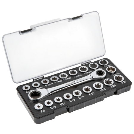 Набор накидной ключ трещоточный, вставки-головки шестигранные 8-19 мм и TORX E8-E22, 20 предметов, HOEGERT HT1R492