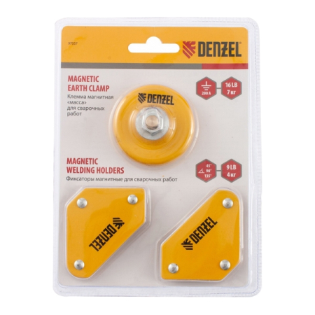 Набор из 2 магнитных сварочных фиксаторов, усилие 4 кг, и магнитной клеммы "масса" Denzel 97557