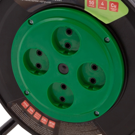 Удлинитель силовой 50 м, 16А, тип УХ10, ПВС, усиленный, на кабельной катушке, 4 розетки без заземления, Сибртех 95870