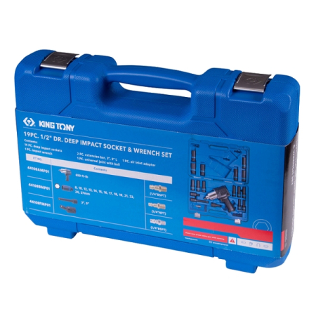 KING TONY 44108AMP01 Гайковерт пневматический ударный 1/2", 881 Нм, с комплектом головок, 19 предметов