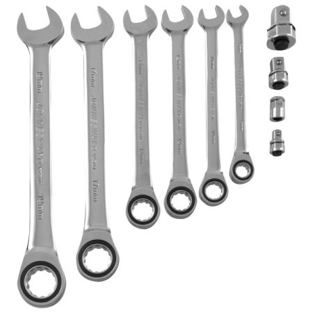 Набор ключей гаечных комбинированных трещоточных с аксессуарами в кейсе, 8-19 мм, 10 предметов, Jonnesway W45110S Набор ключей гаечных комбинированных трещоточных с аксессуарами в кейсе, 8-19 мм, 10 предметов, Jonnesway W45110S