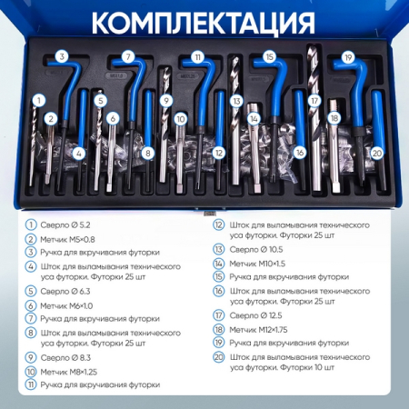 Набор для восстановления резьбы М5x0.8 – М12x1.75 Car-Tool CT-H016
