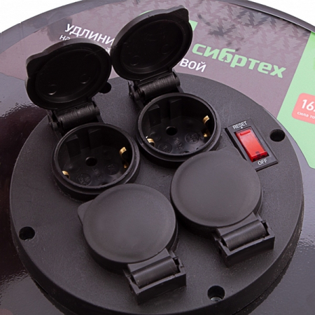 Удлинитель силовой 50 м, 16А, тип УХз16, КГ 3x1.5 мм, на стальной катушке, 4 розетки, Сибртех 95877