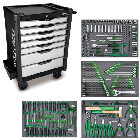 Тележка с набором инструментов, 213 предметов, 7 ящиков, черная, TOPTUL GE-21351
