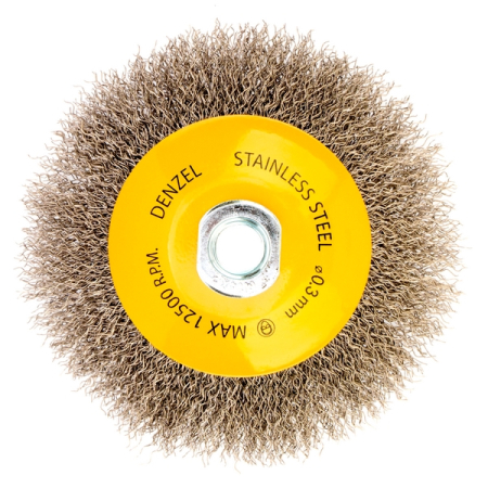 Щетка для УШМ тарелка, 125 мм, витая нержавеющая проволока 0.3 мм, М14, DENZEL 746163