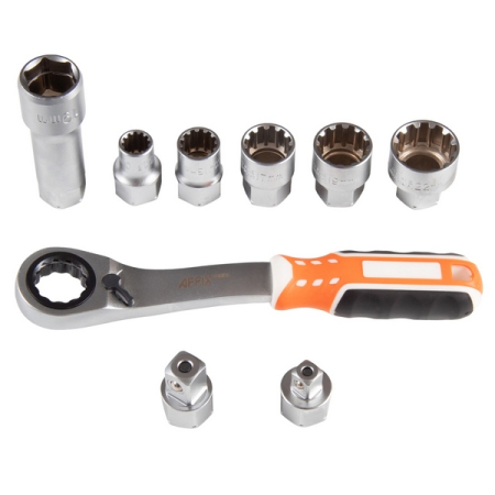 Набор 12-гранных торцевых головок со сквозным отверстием, HEX 19 мм, 10-24 мм, с принадлежностями, 17 предметов, AFFIX AF01917C