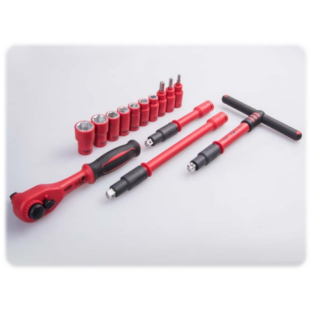 KING TONY 35VE01MRV Набор торцевых диэлектрических головок с принадлежностями 3/8", шестигранные, 10-19 мм, 14 предметов