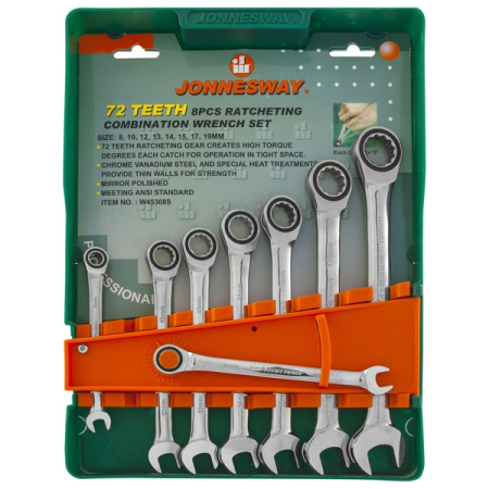 Набор ключей гаечных комбинированных трещоточных на держателе, 8-19 мм, 8 предметов, Jonnesway W45308S