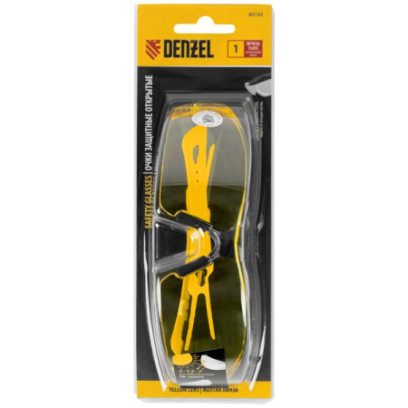 Очки защитные открытые, поликарбонатные, желтая линза, DENZEL 89192