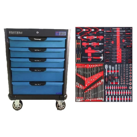 Тележка с 5 ящиками + ПОДАРОК инструмент, 157 предметов, KraftWell KRW-TTB+SET157