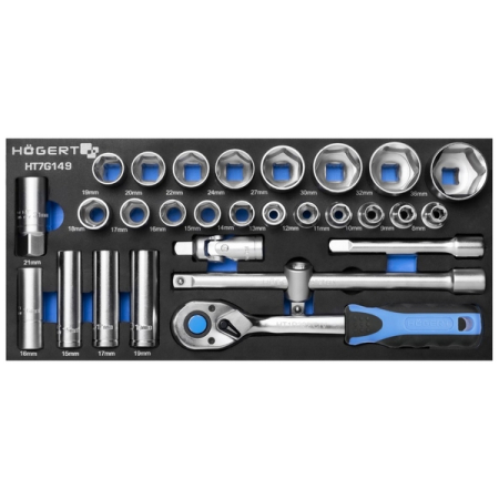 Набор торцевых головок 1/2", 8-36 мм, с принадлежностями, 28 шт, ложемент EVA, HOEGERT HT7G149
