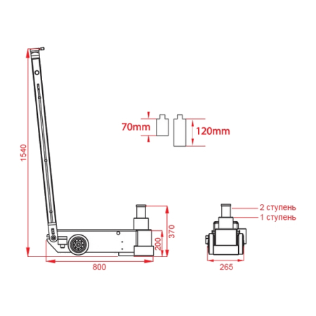 Домкрат пневмогидравлический двухступенчатый, 40/20 тонн, KRAFTWELL KRWAJ40-2T