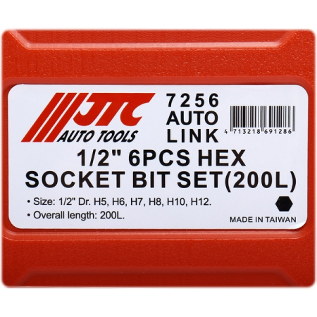 Набор бит-головок 1/2" HEX H5-H12, L=200 мм, 6 предметов, JTC-7256