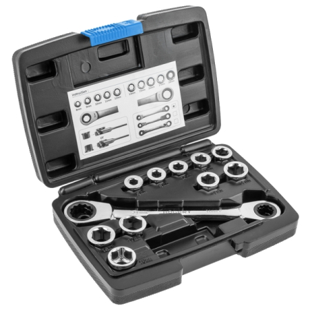 Набор накидной ключ трещоточный и шестигранные вставки-головки, 8-19 мм, 11 предметов, HOEGERT HT1R490