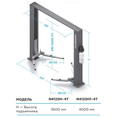 Nordberg N4120H1E-4G Подъемник автомобильный двухстоечный электрогидравлический, 4 т, с электростопорами, 380V, серый