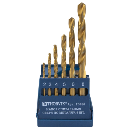 Набор спиральных сверл по металлу HSS TiN, 2.0-8.0 мм, в пластиковом кейсе, 6 шт, THORVIK TDBS6