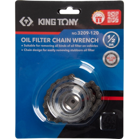 KING TONY 3209-120 Съемник масляных фильтров, 60-120 мм, 1/2", цепной