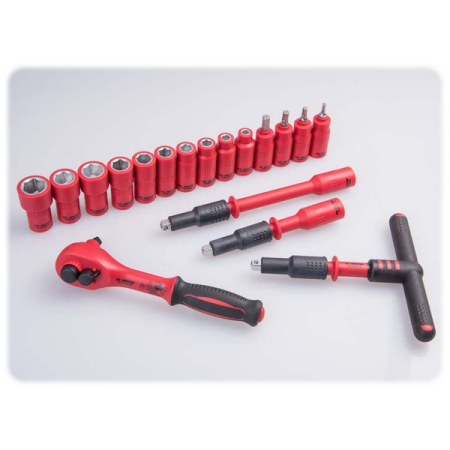 KING TONY 25VE01MRV Набор торцевых диэлектрических головок с принадлежностями 1/4", шестигранные, 5-14 мм, 18 предметов