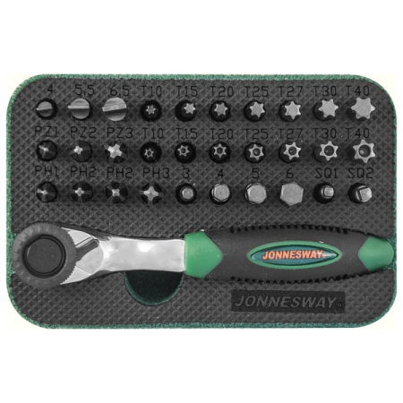 Набор рукоятка трещоточная миниатюрная 1/4"DR со вставками-битами, 32 предмета, Jonnesway RD01032S