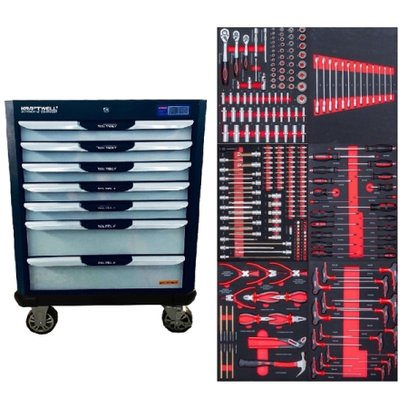 Тележка с 7 ящиками + ПОДАРОК инструмент, 250 предметов, KraftWell KRW-TTG+SET250