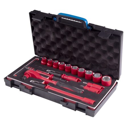 KING TONY 45VE01MRV Набор торцевых диэлектрических головок с принадлежностями 1/2", шестигранные, 8-24 мм, 16 предметов