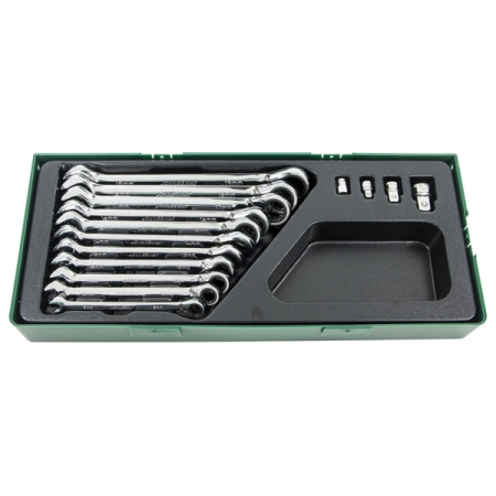 Набор ключей гаечных комбинированных трещоточных с аксессуарами, 8-19, мм в ложементе, 15 предметов, Jonnesway W106115SP