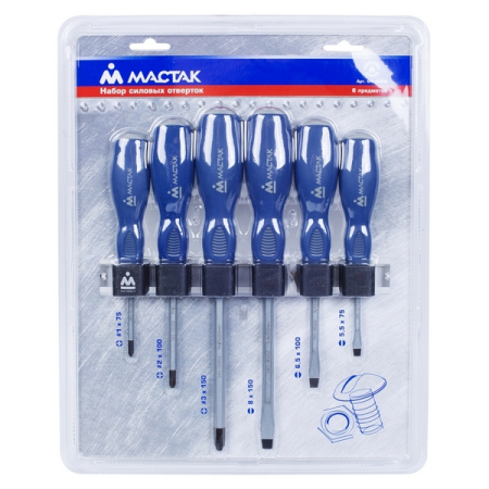 Набор силовых отверток PHILLIPS, SLOTTED 6 предметов Мастак 04-6GRB
