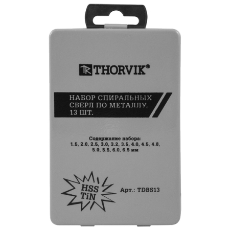 Набор спиральных сверл по металлу HSS TiN, 1.5-6.5 мм, в металлическом кейсе, 13 шт, THORVIK TDBS13