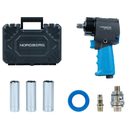 NORDBERG NP14075K Пневмогайковерт ударный 1/2", 680 Нм, укороченный, с 3 головками в кейсе