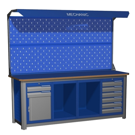 Верстак промышленный четырехтумбовый с экраном и освещением Верстакофф MECHANIC-М20.2ПС2ПС26Э2С