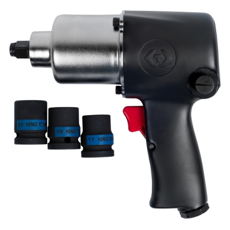 KING TONY P33421-040B Гайковерт ударный пневматический квадрат 1/2 дюйма, 678 Hм, в комплекте 3 торцевые головки