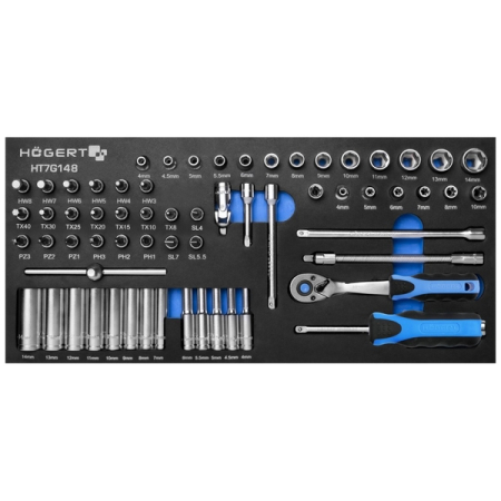 Набор торцевых головок и насадок 1/4" с принадлежностями, 63 шт, ложемент EVA, HOEGERT HT7G148