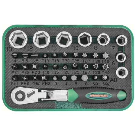Набор рукоятка трещоточная миниатюрная 1/4"DR со вставками-битами и головками торцевыми , 40 предметов, Jonnesway RD02040S
