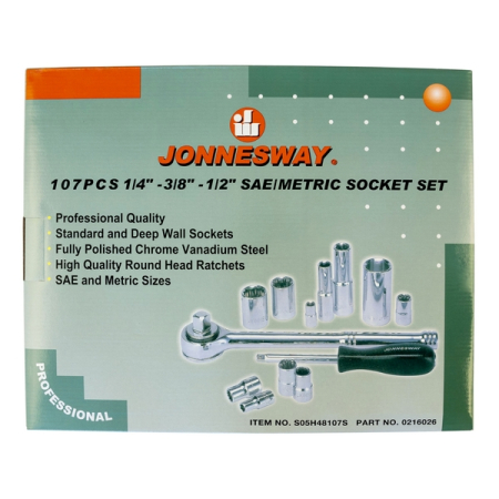 Набор инструмента универсальный 1/4", 3/8" и 1/2"DR, 107 предметов Jonnesway S05H48107S Набор инструмента универсальный 1/4", 3/8" и 1/2"DR, 107 предметов Jonnesway S05H48107S