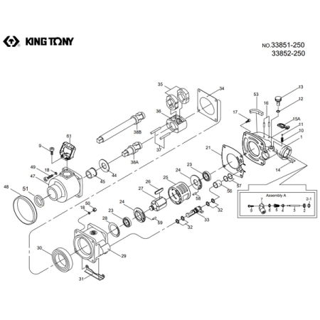 Ремкомплект для гайковерта 33852-250, цилиндр пневмодвигателя KING TONY 33851-B25