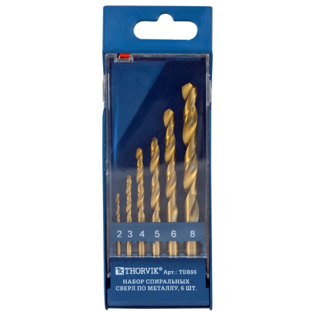 Набор спиральных сверл по металлу HSS TiN, 2.0-8.0 мм, в пластиковом кейсе, 6 шт, THORVIK TDBS6