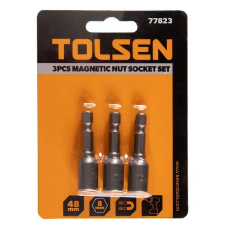 Набор головок для шуруповерта шестигранных 1/4", 8 мм, 48 мм, магнитных, 3 предмета TOLSEN TT77823 Набор головок для шуруповерта шестигранных 1/4", 8 мм, 48 мм, магнитных, 3 предмета TOLSEN TT77823