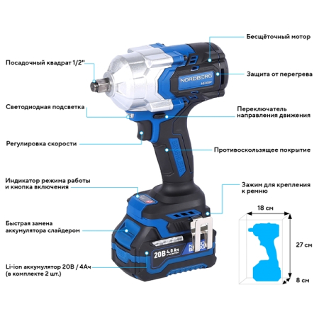 NORDBERG NE808K Гайковерт аккумуляторный, 1/2", 1000Нм, 20В, с двумя 4А акк. и зар. уст-вом, кейс