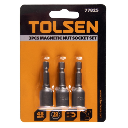 Набор головок для шуруповерта шестигранных 1/4", 10 мм, 48 мм, магнитных, 3 предмета TOLSEN TT77825 Набор головок для шуруповерта шестигранных 1/4", 10 мм, 48 мм, магнитных, 3 предмета TOLSEN TT77825