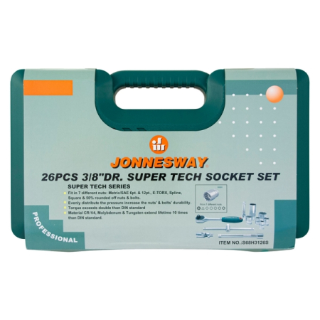 Набор головок торцевых 3/8"DR Super Tech, 6-24 мм, 26 предметов, Jonnesway S68H3126S