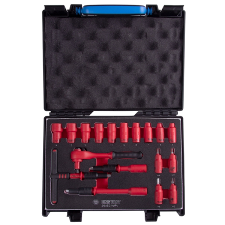 KING TONY 25VE01MRV Набор торцевых диэлектрических головок с принадлежностями 1/4", шестигранные, 5-14 мм, 18 предметов