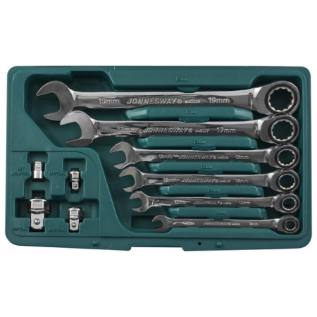 Набор ключей гаечных комбинированных трещоточных с аксессуарами в кейсе, 8-19 мм, 10 предметов, Jonnesway W45110S Набор ключей гаечных комбинированных трещоточных с аксессуарами в кейсе, 8-19 мм, 10 предметов, Jonnesway W45110S
