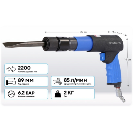 NORDBERG NP5070K1 Пневмозубило 250 мм с комплектом насадок, 20 предметов, кейс