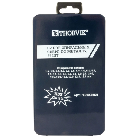 Набор спиральных сверл по металлу HSS Co, 1.0-13.0 мм, в металлическом кейсе, 25 шт, THORVIK TDBS25K5