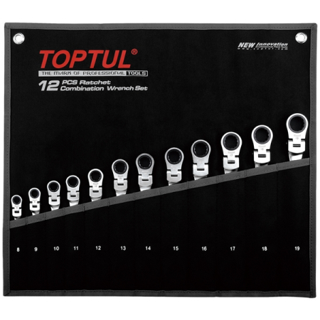 Набор комбинированных трещоточных шарнирных ключей 8-19 мм, 12 предметов, TOPTUL GPAQ1204