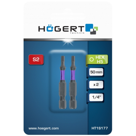 Биты ударные HEX 5, 50 мм, 2 шт, HOEGERT HT1S177